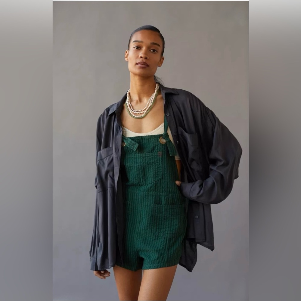 NWT - Urban Outfitters BDG UO Sadie Linen Overall Stripe Green Romper Size Small